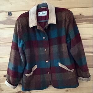 VTG L L Bean Work Coat Wool Plaid Suede Trim Sz See Measurements